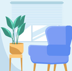 Fototapeta premium Vector interior in flat style, cute illustration. Minimalistic interior: armchair, potted flower and window