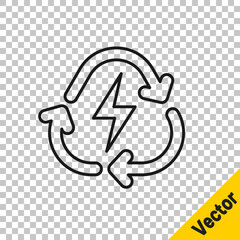 Black line Battery with recycle symbol line icon isolated on transparent background. Battery with recycling symbol - renewable energy concept. Vector.