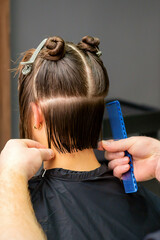 Fototapeta premium Male hairdresser cutting hair of young woman holding comb at hair salon. Rear view