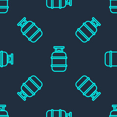 Green line Propane gas tank icon isolated seamless pattern on blue background. Flammable gas tank icon. Vector.