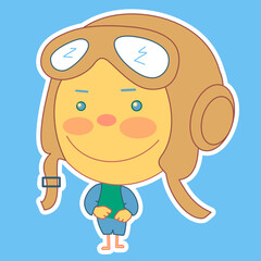 emoji with smiling retro airplane pilot in a vintage flying helmet with headphones and glasses or aviator goggles, simple hand drawn emoticon, vector illustration