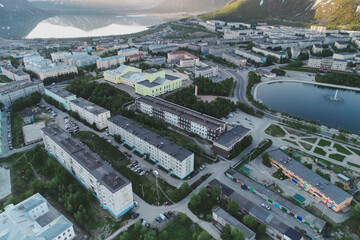 Aerial Townscape of Kirovsk Town located in Northwestern Russia on the Kola Peninsula