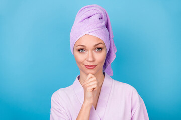 Photo of lovely lady finger chin look camera wear violet towel turban bath robe isolated blue color...