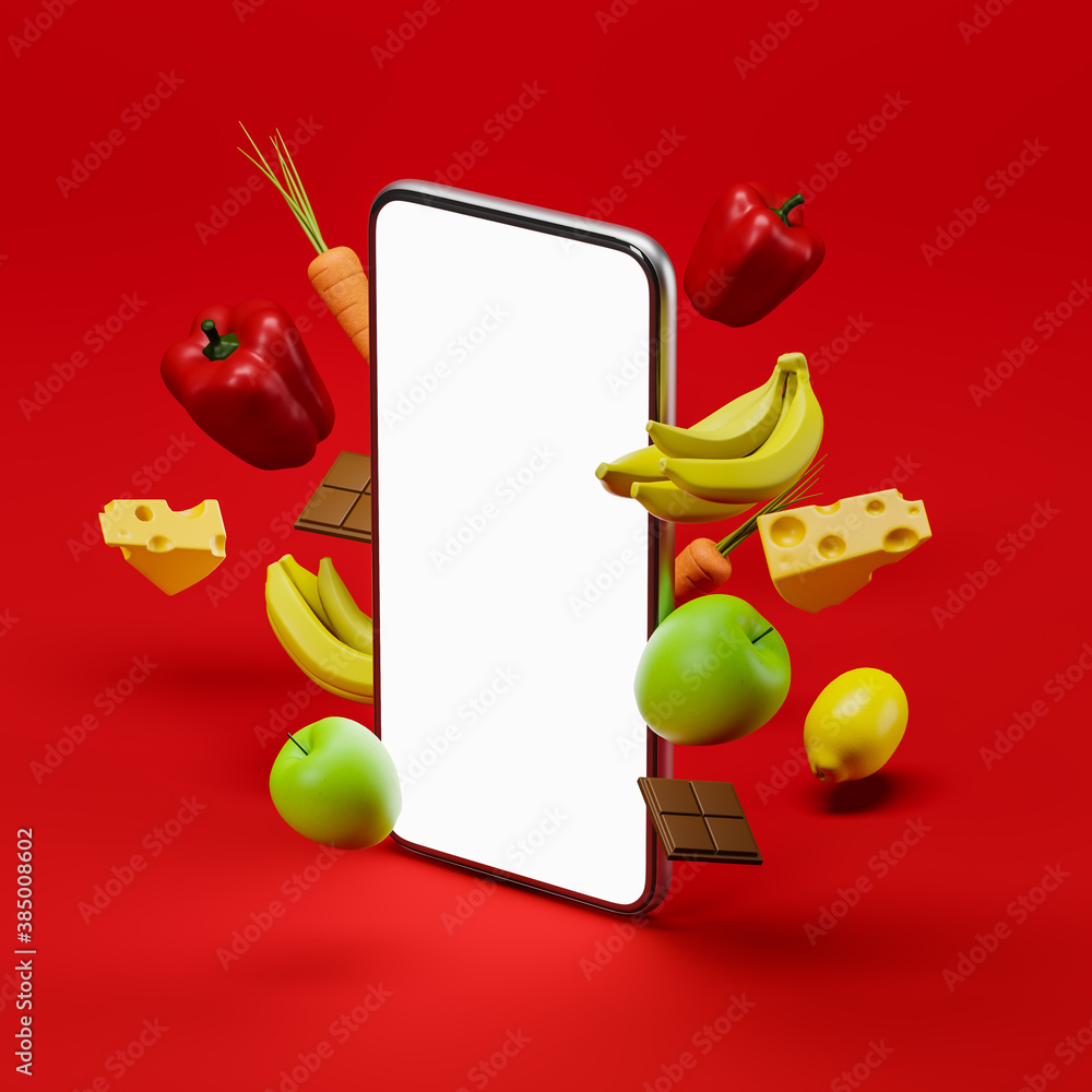 Poster smartphone with a white screen with a red background, fruits and vegetables next to him. food and gr