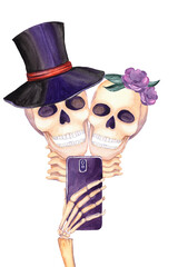 Couple skeletons making selfie. Watercolor halloween illustration with skull in hat and skull with flowers. - 385008608