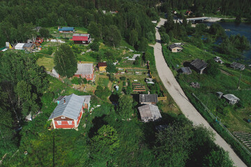 Aerial Townscape of Suburban Village Kolvica located in Northwestern Russia on the Kola Peninsula Kandalaksha Area