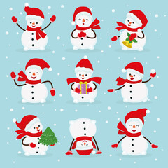 Cute christmas snowmen vector illustrations set