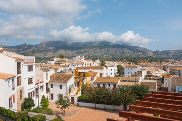 Beautiful panorama of Altea. Historical old town center with mountains in the background. Alicante province, Valencian community, Spain. High view landscape shot.