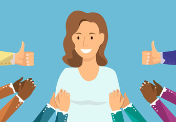 Happy woman portrait with thumbs up and human hands clapping isolated on background. Thumbs up flat hands for social network, blog and app. Party celebration concept. Happy woman, vector illustration