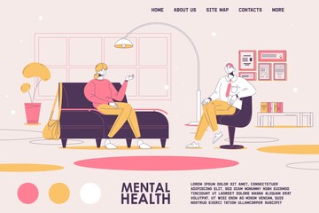 Mental health concept landing page header. Man psychotherapist on therapy session with woman talking about problems. Outline style illustration in pink and yellow