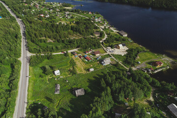 Aerial Townscape of Suburban Village Kolvica located in Northwestern Russia on the Kola Peninsula Kandalaksha Area