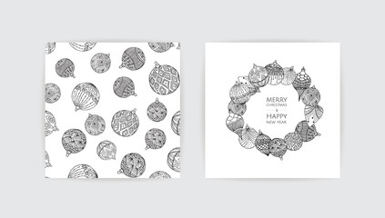 Merry Christmas and Happy New Year. Vintage Christmas vector illustration with xmas toys