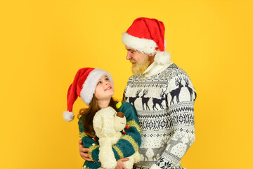 Father and little kid celebrate new year. Family time. Holly jolly christmas. Dad and child having fun. Christmas tradition. Christmas eve concept. Family bonds. Winter holidays. My dear daughter