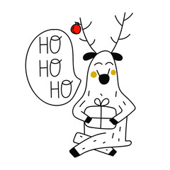 Ho ho ho. Cute woodland deer with gift box. Hand drawn illustration for greeting card, stickers, t shirt, posters, flyers design. 