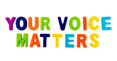 Text YOUR VOICE MATTERS on a white background