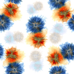Seamless abstract floral background,blue and orange. Watercolor drawing on a white background.
