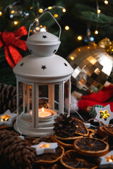 New year's still life. Christmas decorations on the table. Christmas toy.