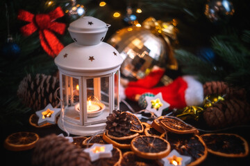 New year's still life. Christmas decorations on the table. Christmas toy.