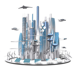 3dcg of the future city of blue and white seen from the front by 3d rendering