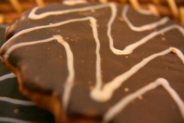 chocolate cookies, macro photography, in a wicker basket