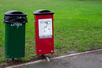 red and green bins in the park