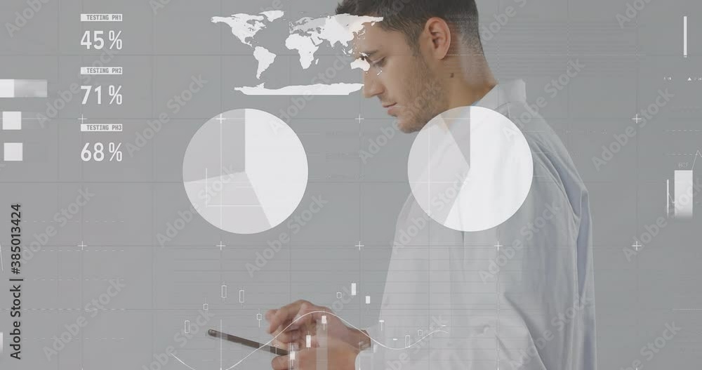 Poster statistical data processing against male doctor using digital tablet