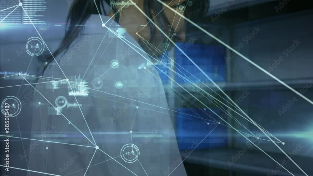 Poster network of connections and data processing against female scientist working in laboratory