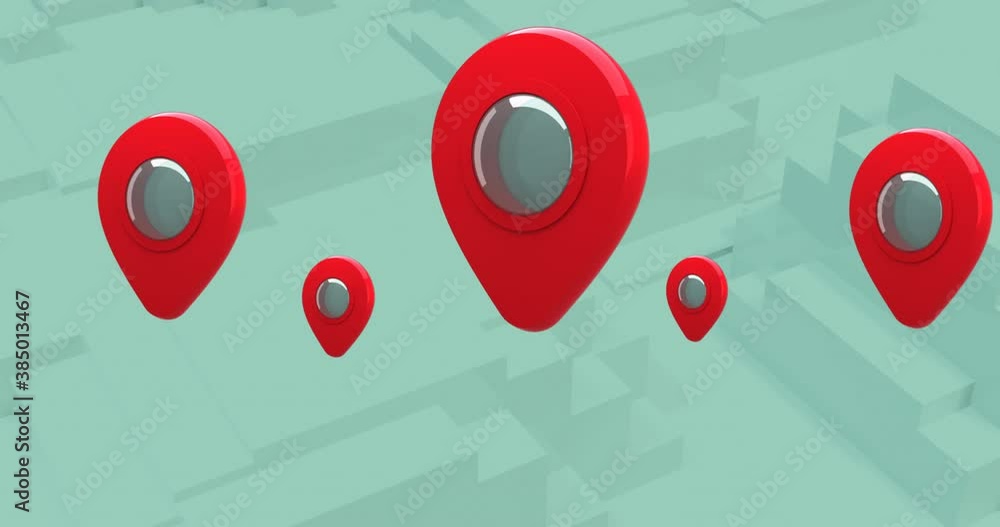 Poster gps location markers floating against moving blocks on white background