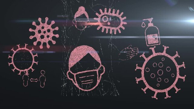 Coronavirus concept icons against dark background with scratches