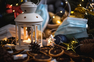 Christmas flashlight, Christmas toys, Christmas toys. Medical masks as Christmas toys.