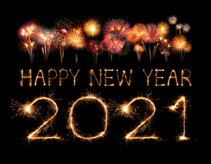 2021 happy new year fireworks written sparklers at night