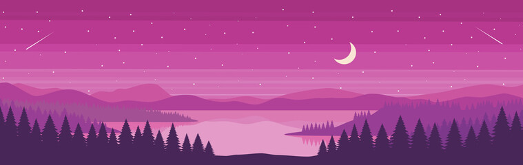 Coniferous forest panoramic view and river on twilight time in flat design - vector and illustration