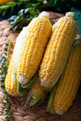 Composition with fresh corn cobs on table. Cobs of ripe raw corn.  Fresh uncooked corncob.