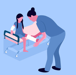 First aid.Arm and leg bone fractures with gypsum or orthopedic cast. Temporarily disabled sad child with broken limbs with bandage. Nurse is working.Unhappy injured girl is sitting on medical couch.