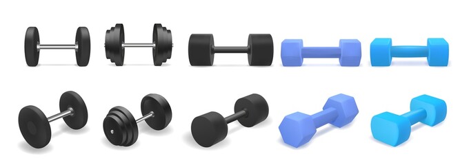Vector set of dumbbells isolated on white background. Realistic 3d objects for gym or fitness. Blue and black dumbbell