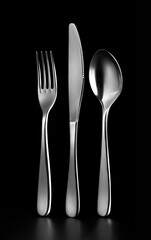 Cutlery set. Fork, knife, spoon. Isolated on black background.