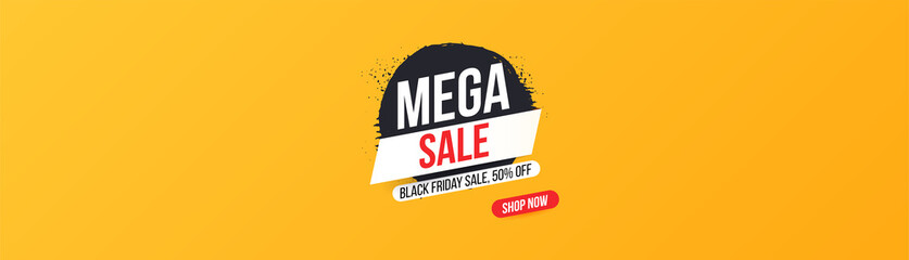 Horizontal concise banner for Black Friday and Mega sales and discounts. MEGA SALE inscription on ink stain for mega sale. Bright, easily editable vector concept.