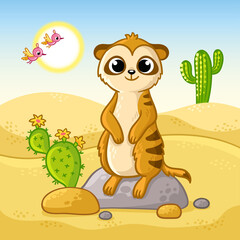 Cute meerkat stands on a stone in the desert among cacti and sand. Vector illustration with animal