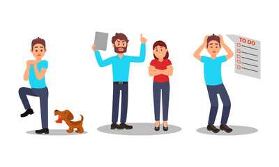 Fototapeta premium People Characters with Fear of Dog and Multitasking Vector Illustration Set