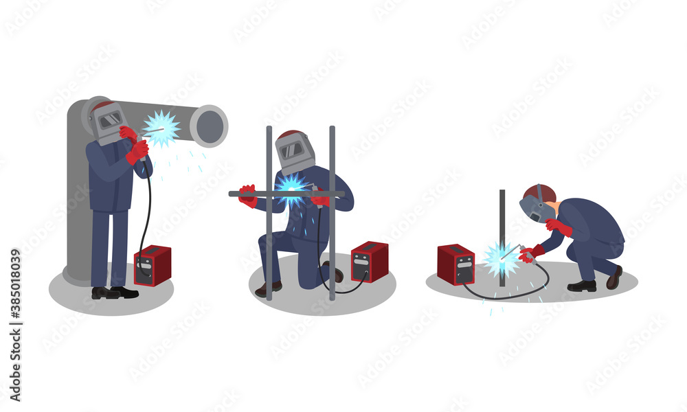 Poster man welder in welding helmet and protective equipment fusing materials together vector illustration 
