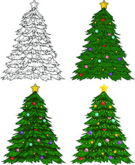 Realistic colorful Christmas New Year winter tree with decorations template set. Bright holiday cartoon vector illustration in color and black and white for games, pattern, decor. Coloring paper, page
