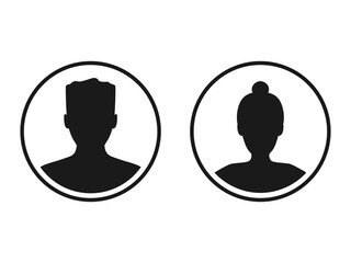 Men and women head business silhouette icon set. Human black avatar vector in line circle isolated on white. Male and female profile picture illustration.