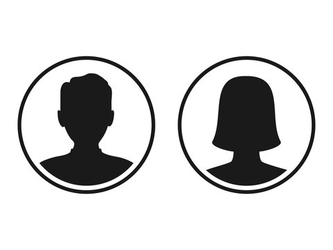 Men and women head business silhouette icon set. Human black avatar vector in line circle isolated on white. Male and female profile picture illustration.