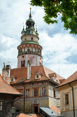 Fototapeta na wymiar Beautiful low point view to historical center and castle in Cesky Krumlov, Czech republic.