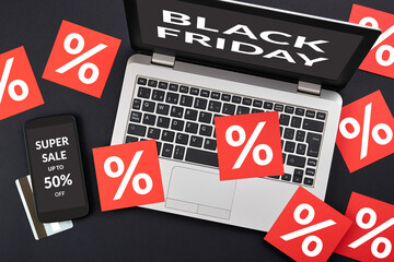 Online shopping during Black Friday sales concept. Top view