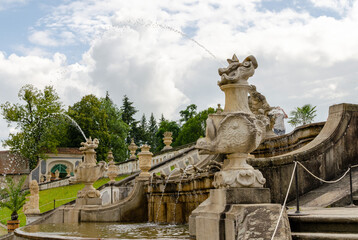 Obraz premium View of decorated fountain in baroque Castle Gardens of Cesky Krumlov, Czech Republic.