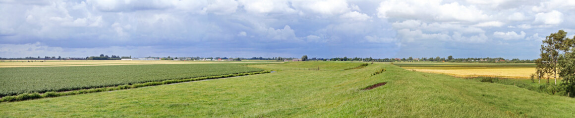 Fototapeta na wymiar Extremely flat polder landscape with a dike, in the Netherlands