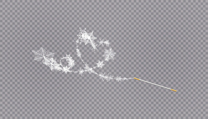 Magic wand with heart shaped snowflakes in a flat style in continuous drawing lines. Trace of white dust. Magic abstract background isolated on on transparent background. Miracle and magic. Vector