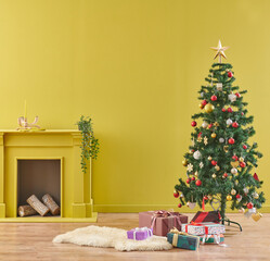 Yellow new year room, fir tree and gift box, fireplace and wood.