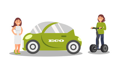 Young Woman Taking Care of the Environment and Using Eco Friendly Transport Vector Illustration Set